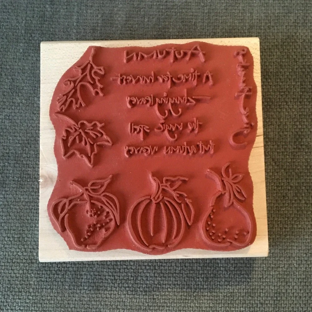 Autumn Harvest Rubber Stamp Wood Block Craft Leaves Pumpkin Thanks‎ Quote